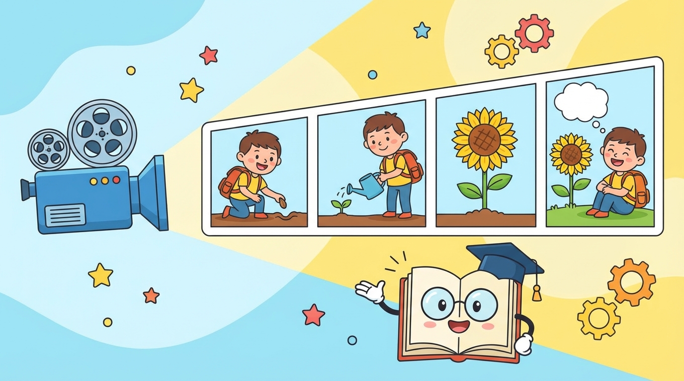 A colorful illustration showing a comic strip layout with three panels: the first shows a character slipping on a banana peel, the second shows them falling with a 'WOAH!' speech bubble, and the third shows them sitting on the floor laughing.