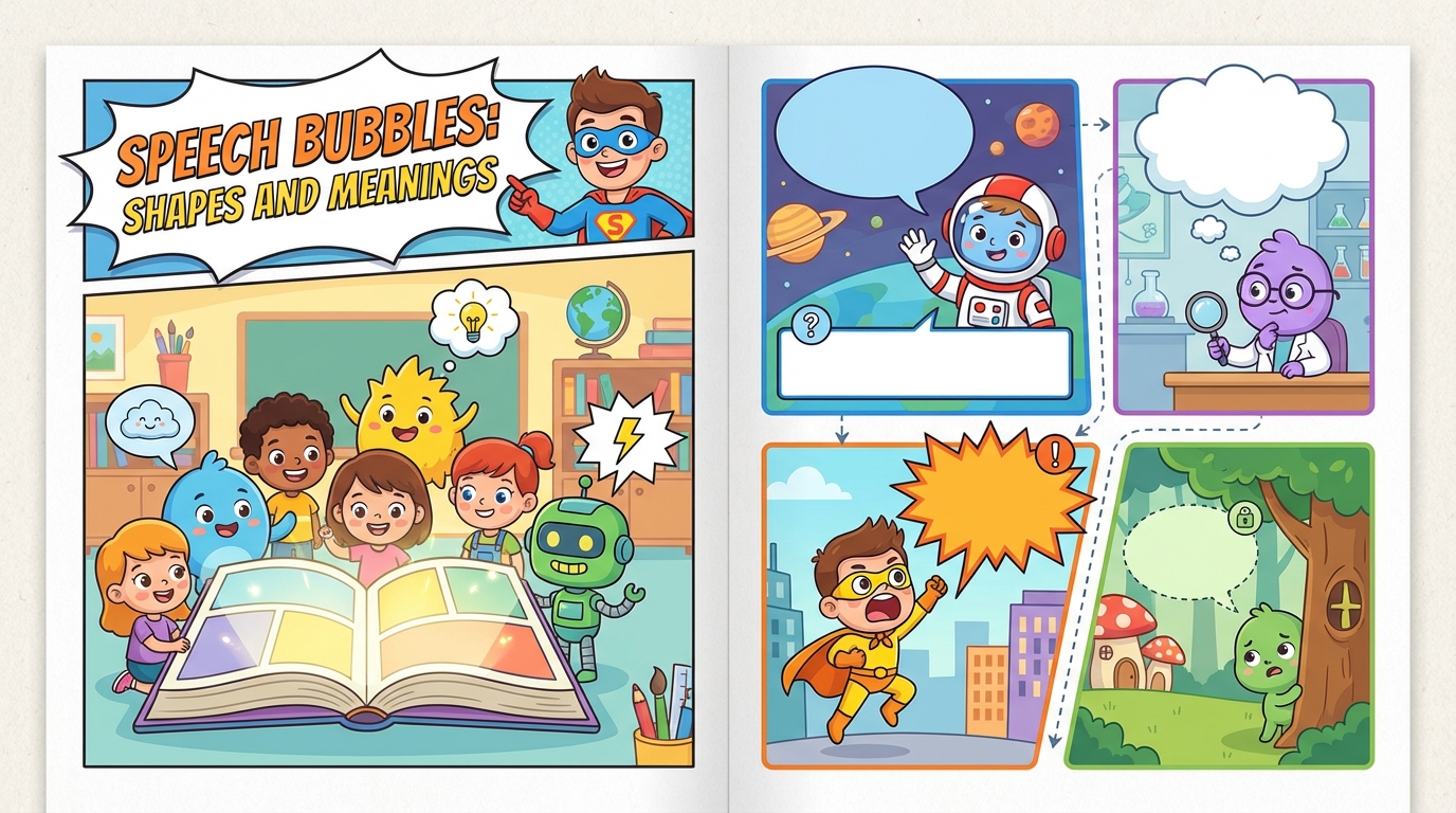 An illustration showing four comic characters: one talking normally with a round bubble, one shouting with a jagged bubble, one thinking with a cloud bubble, and one whispering with a dotted line bubble.