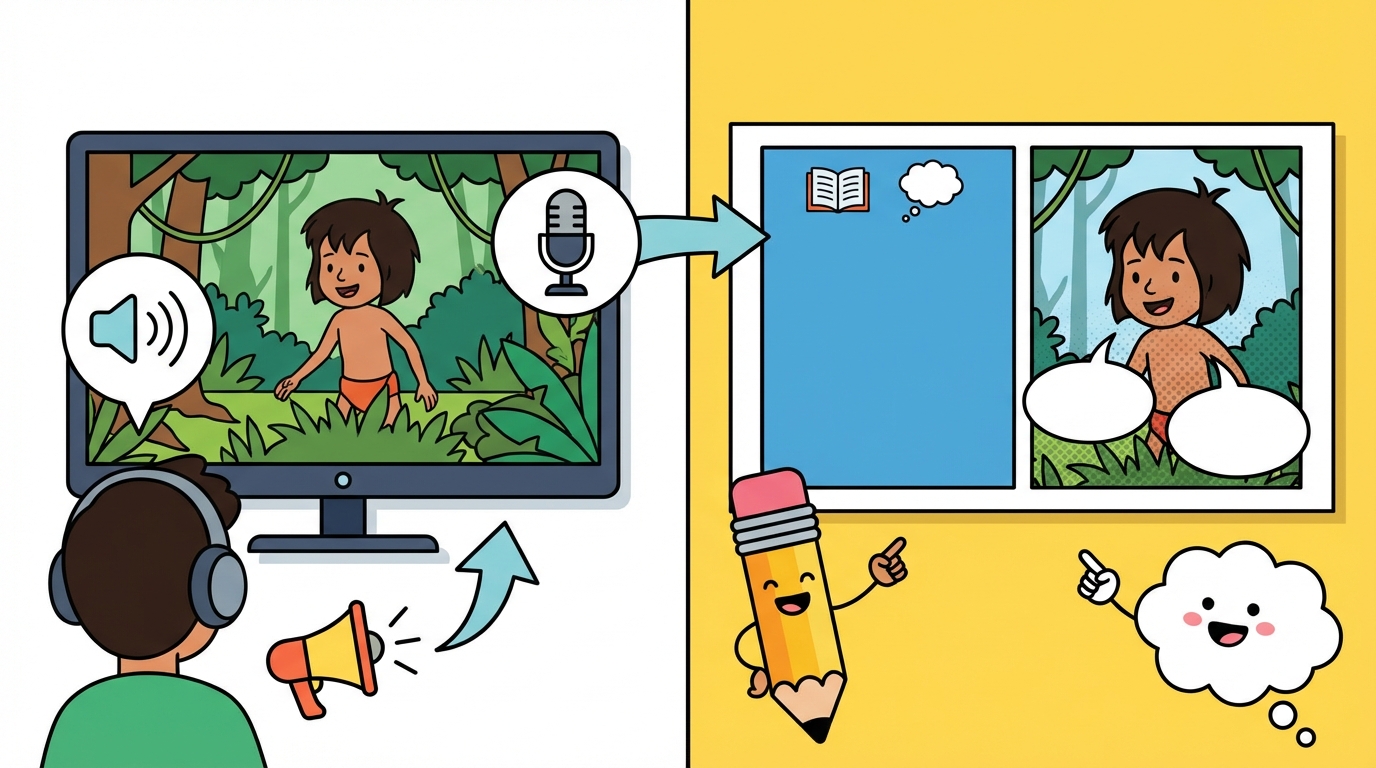 An educational illustration showing two comic panels side-by-side. The left panel shows a speech bubble with a tail pointing to a character. The right panel emphasizes a yellow rectangular box at the top (a Caption) saying 'The next day...', demonstrating the narrator's voice without a specific speaker.