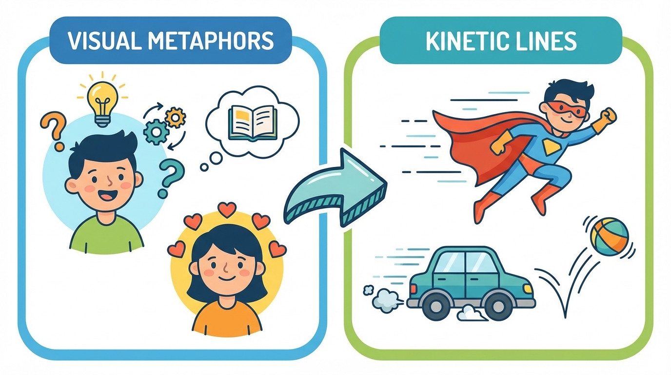 A comic strip panel showing a girl running very fast with horizontal kinetic lines behind her, and a boy standing still with a lightbulb over his head symbolizing an idea.