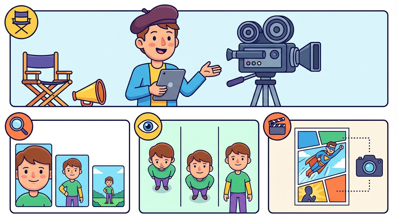A visual guide showing a superhero character drawn in three styles: standing far away (Long Shot), from the waist up (Medium Shot), and a zoomed-in face (Close-up).