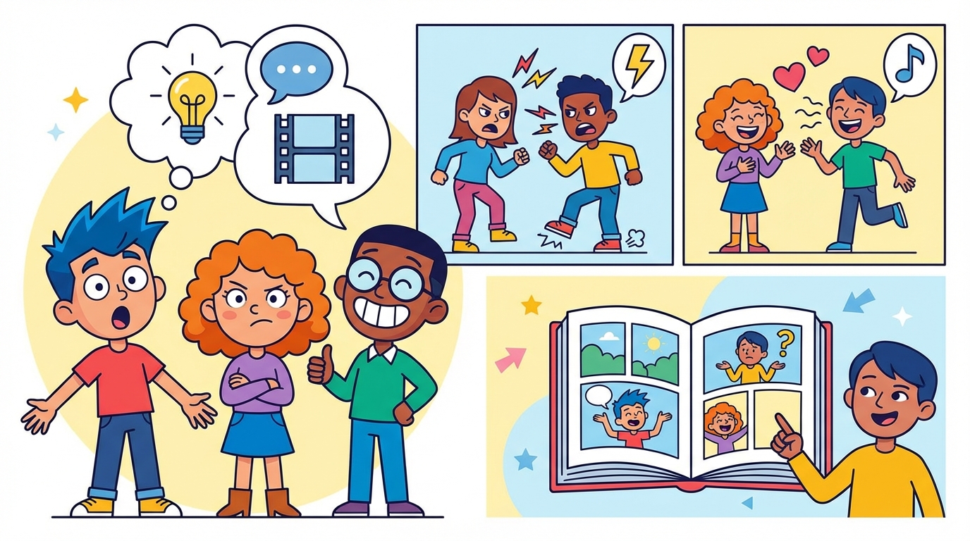 An illustration showing a comic character in three poses: happy with arms up, angry with steam coming from ears, and confused with a question mark above their head.