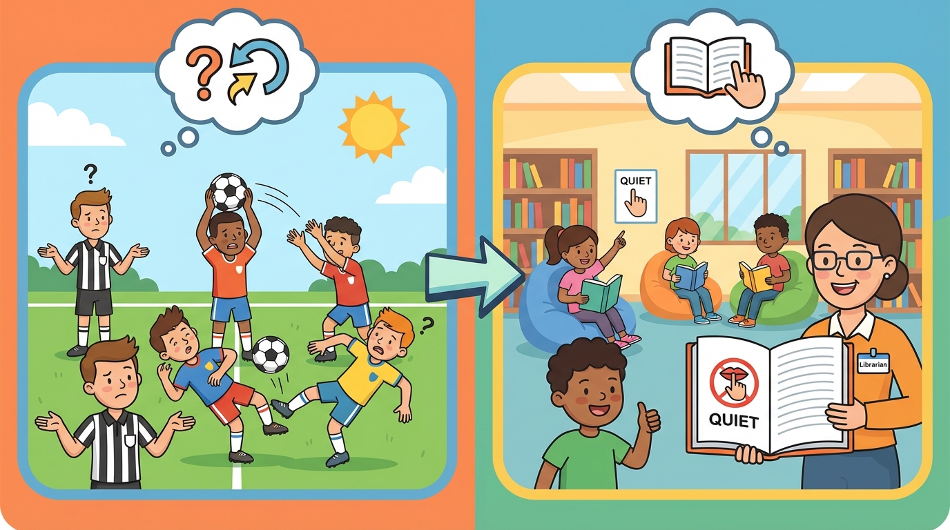 A split illustration: on the left, chaotic kids running wildly in a classroom; on the right, calm students raising hands and learning happily under a posted list of rules.