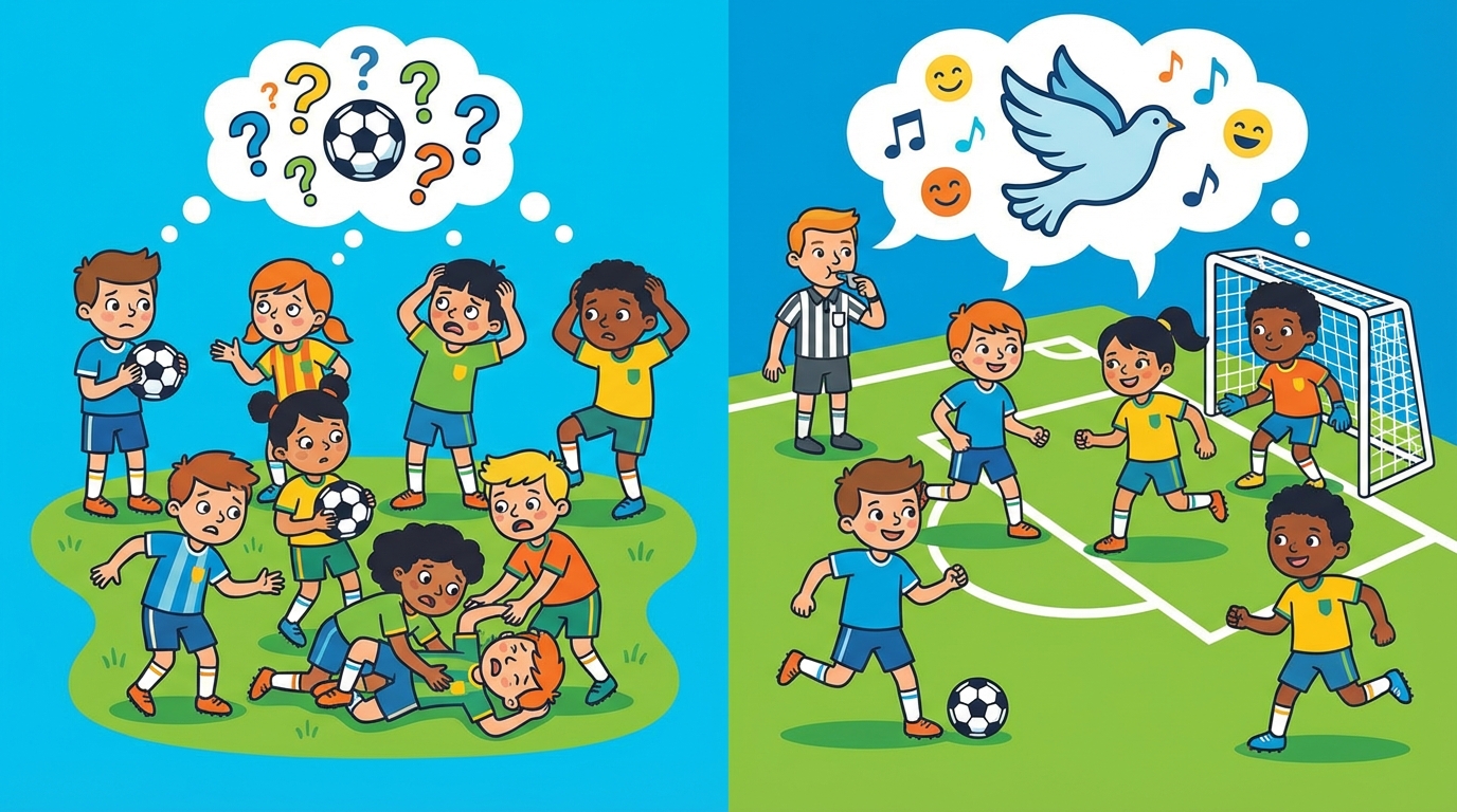 A split illustration showing a chaotic playground on one side where kids are arguing, and a harmonious playground on the other side where kids are taking turns on the slide.