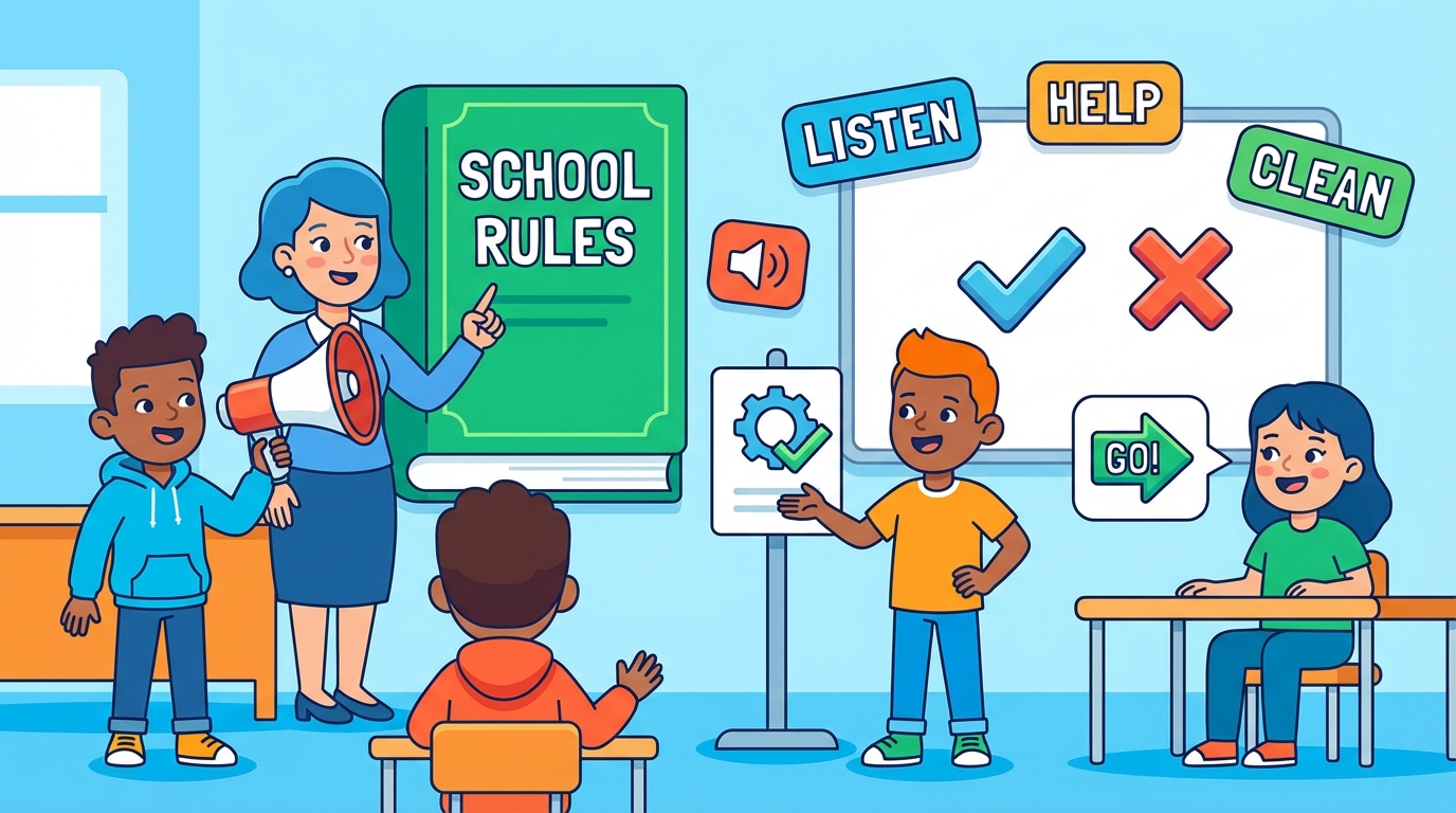 A split illustration showing a classroom rule board; the left side shows a student walking calmly with the text 'Walk', the right side shows a crossed-out image of a student running with text 'Do not run'.