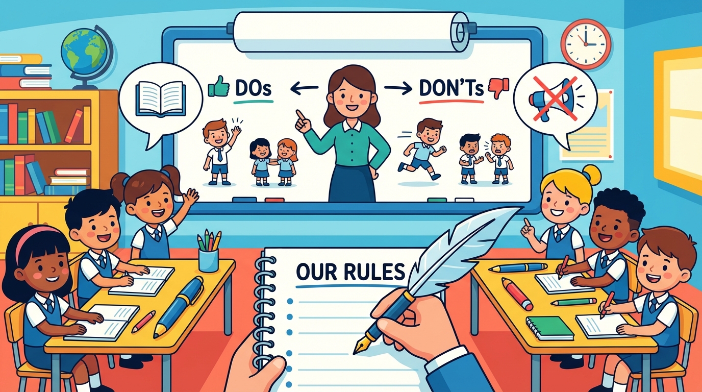 Illustration of a diverse group of 6th grade students working together on a large poster board, writing classroom rules with colorful markers.