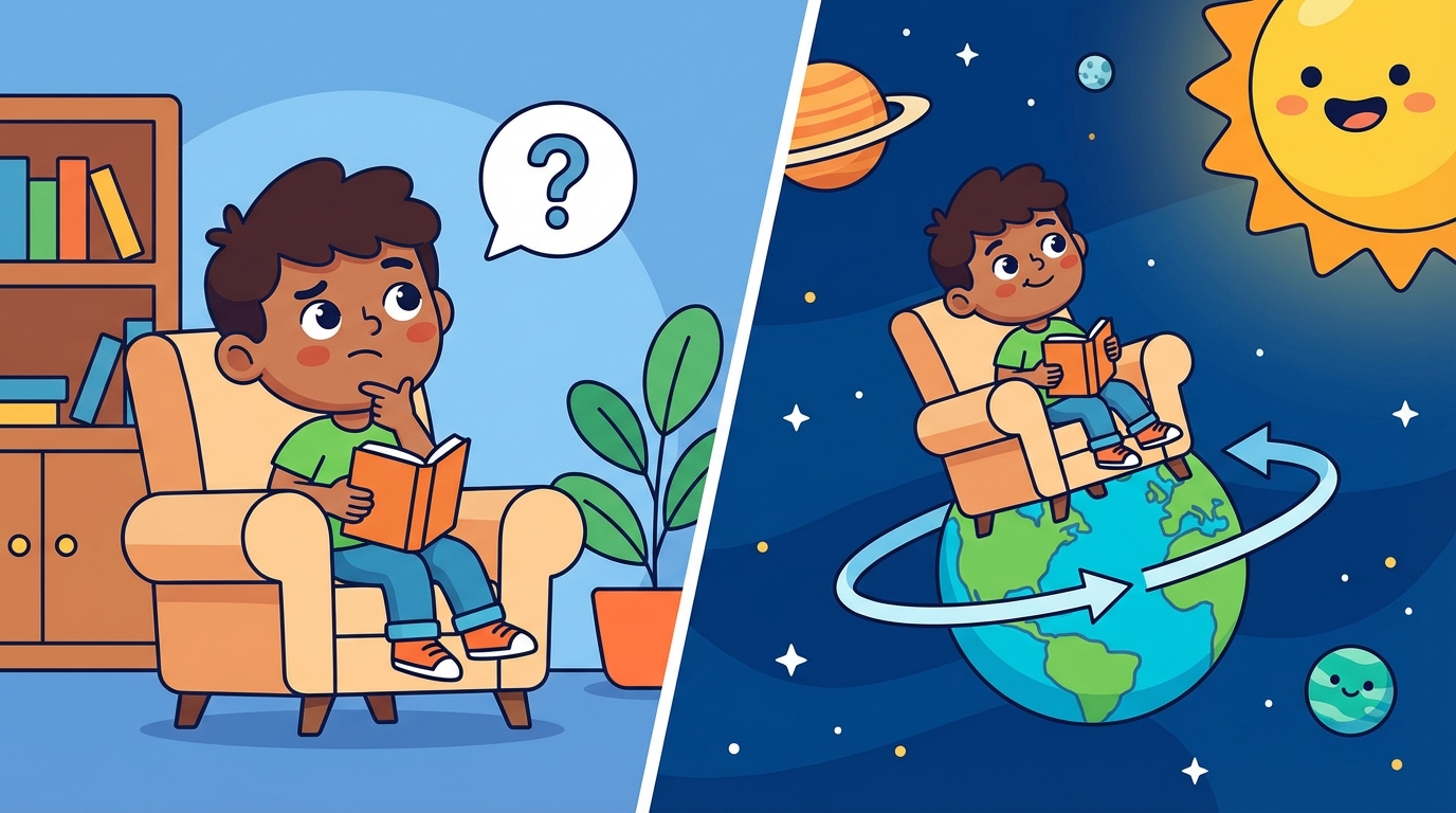 Illustration showing a school bus driving past a tree. Inside the bus, two students sit still. Outside, a person watches the bus pass by.