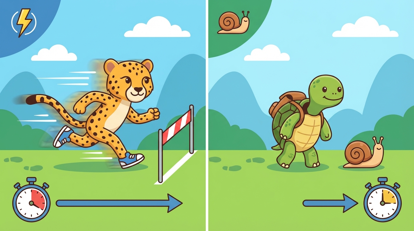 A split illustration showing a cheetah running with motion blur lines on the left, and a snail moving slowly on a leaf on the right, with a stopwatch in the background.