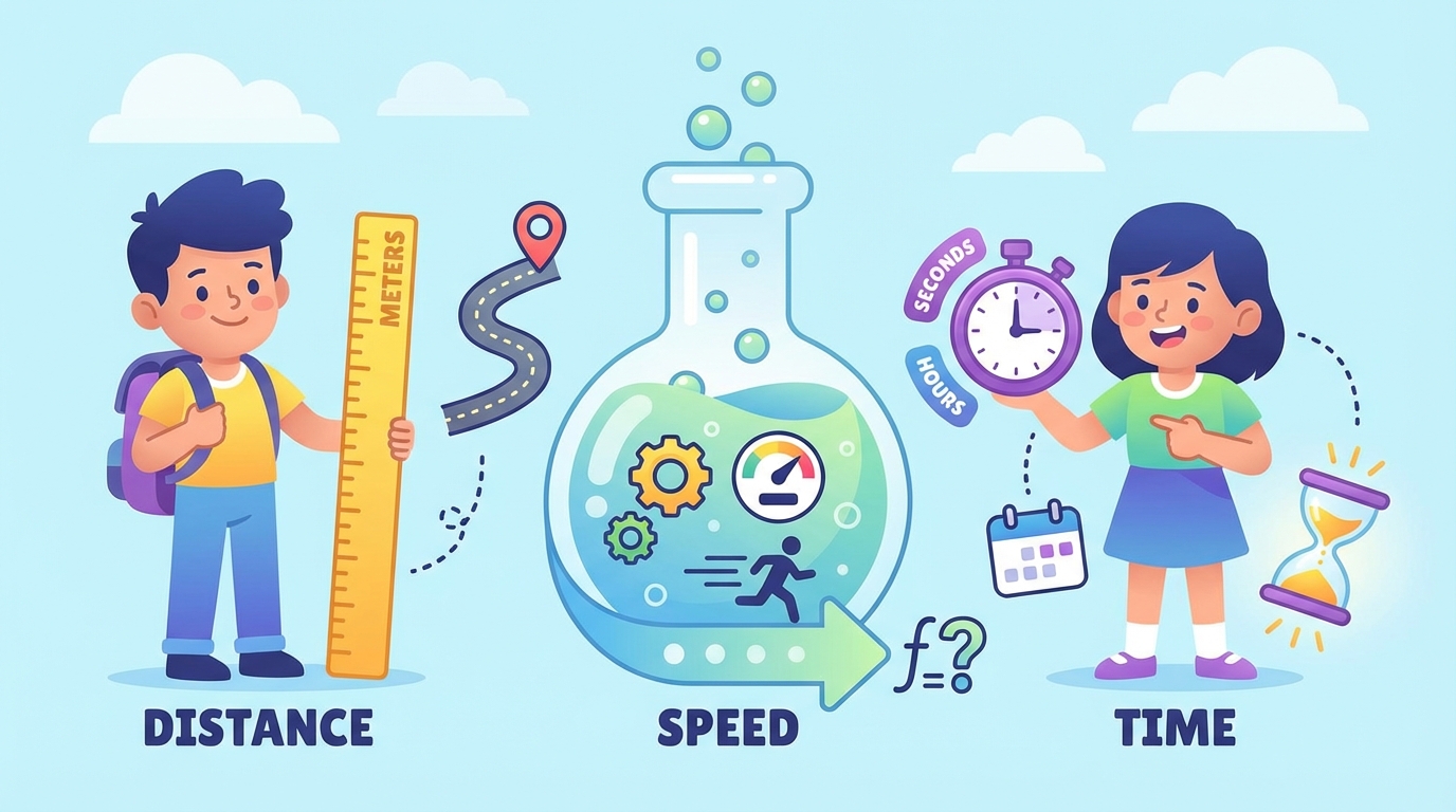 A split illustration: on the left, a runner on a track with a stopwatch showing seconds (m/s); on the right, a high-speed train passing a city sign showing hours (km/h).