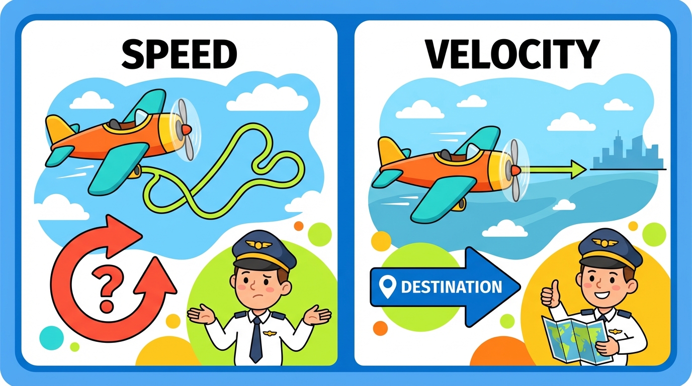 A split illustration: On the left, a car speedometer showing 60mph labeled 'Speed'. On the right, a GPS navigation screen showing a car moving 60mph with an arrow pointing North, labeled 'Velocity'.