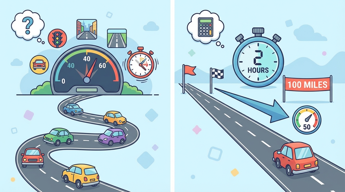 A split illustration: on the left, a car dashboard focusing on the speedometer needle; on the right, a map showing a winding road with a stopwatch and a calculator.