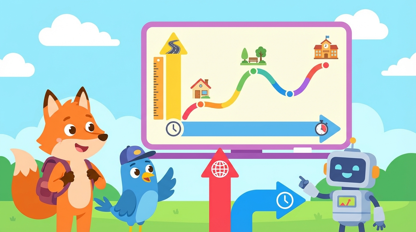 A coordinate plane showing time on the x-axis and distance on the y-axis. It displays three line segments: a steep rising line labeled 'Run', a flat horizontal line labeled 'Rest', and a gentle rising line labeled 'Walk'.