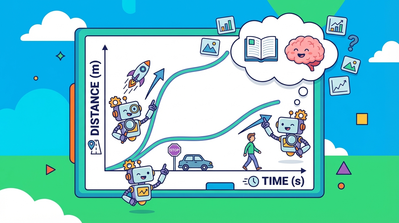 A distance-time graph showing three segments: a steep line going up (fast), a flat horizontal line (stopped), and a gentle line continuing up (slow).